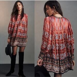 Anthropologie Tanvi Kedia Boho Mini Dress Size S Red-Orange Gradient Floral